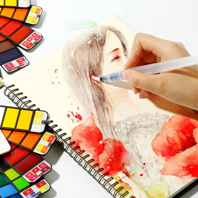 18/24/36/42 Solid Watercolor Pigment Set Foldable Travel WaterColor With Water Brush Pen Art Specific Fan Shaped Painting Tool - Image 5